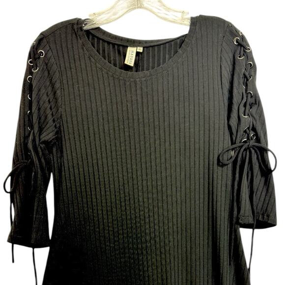 Hayden Black Ribbed Dress M Grommet Laced 3/4 Sleeve Goth Grunge Edgy Rocker Y2k - Picture 7 of 12